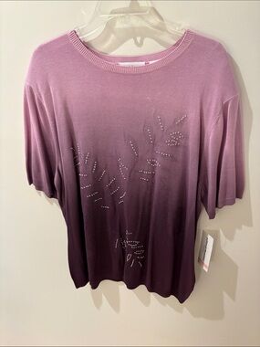 Alfred Dunner Ombre Purple Short-Sleeve Knit Top with Rhinestone Leaf Detail